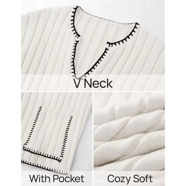 imageZESICA Womens Ribbed V Neck Long Sleeve Sweaters 2024 Fall Loose Color Block Knit Pullover with PocketsWhite