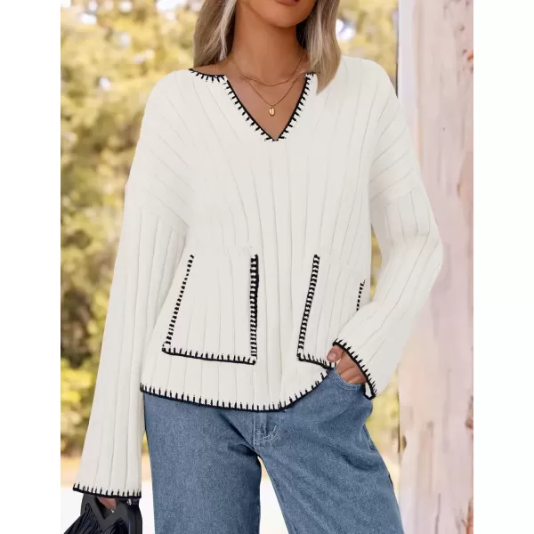 imageZESICA Womens Ribbed V Neck Long Sleeve Sweaters 2024 Fall Loose Color Block Knit Pullover with PocketsWhite