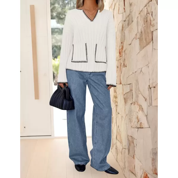 imageZESICA Womens Ribbed V Neck Long Sleeve Sweaters 2024 Fall Loose Color Block Knit Pullover with PocketsWhite