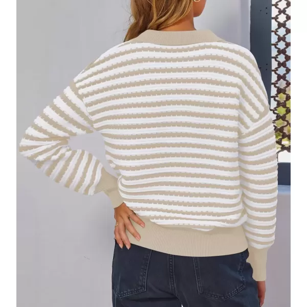 imageZESICA Womens Striped Long Sleeve Sweaters 2024 Fall Casual Lapel V Neck Knit Drop Shoulder Loose Pullover TopsApricot