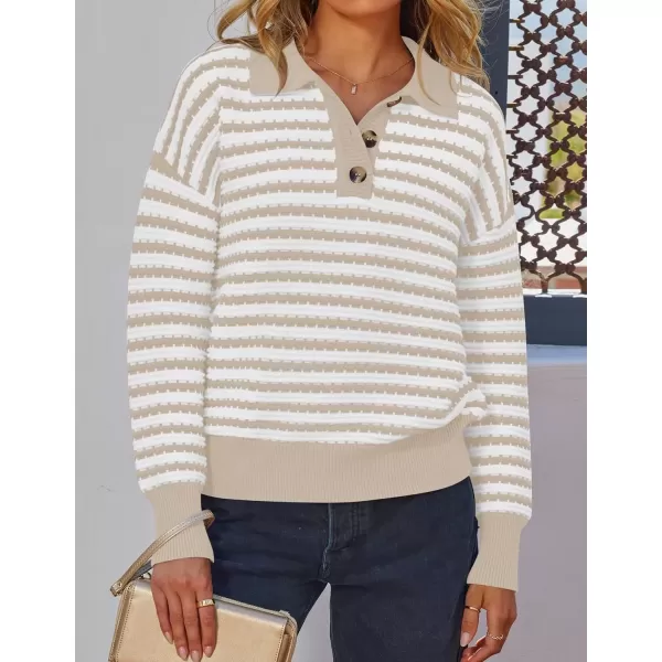 imageZESICA Womens Striped Long Sleeve Sweaters 2024 Fall Casual Lapel V Neck Knit Drop Shoulder Loose Pullover TopsApricot