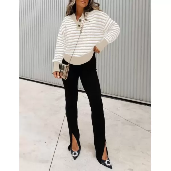 imageZESICA Womens Striped Long Sleeve Sweaters 2024 Fall Casual Lapel V Neck Knit Drop Shoulder Loose Pullover TopsApricot