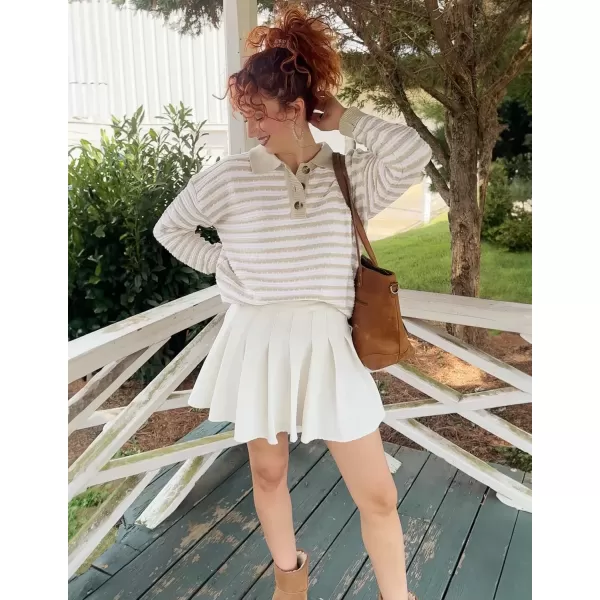 imageZESICA Womens Striped Long Sleeve Sweaters 2024 Fall Casual Lapel V Neck Knit Drop Shoulder Loose Pullover TopsApricot