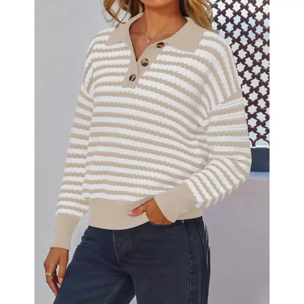 imageZESICA Womens Striped Long Sleeve Sweaters 2024 Fall Casual Lapel V Neck Knit Drop Shoulder Loose Pullover TopsApricot