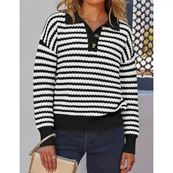 imageZESICA Womens Striped Long Sleeve Sweaters 2024 Fall Casual Lapel V Neck Knit Drop Shoulder Loose Pullover TopsBlack