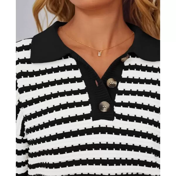 imageZESICA Womens Striped Long Sleeve Sweaters 2024 Fall Casual Lapel V Neck Knit Drop Shoulder Loose Pullover TopsBlack