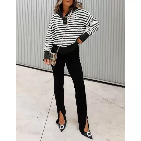 imageZESICA Womens Striped Long Sleeve Sweaters 2024 Fall Casual Lapel V Neck Knit Drop Shoulder Loose Pullover TopsBlack