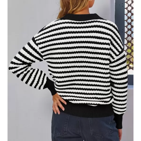 imageZESICA Womens Striped Long Sleeve Sweaters 2024 Fall Casual Lapel V Neck Knit Drop Shoulder Loose Pullover TopsBlack