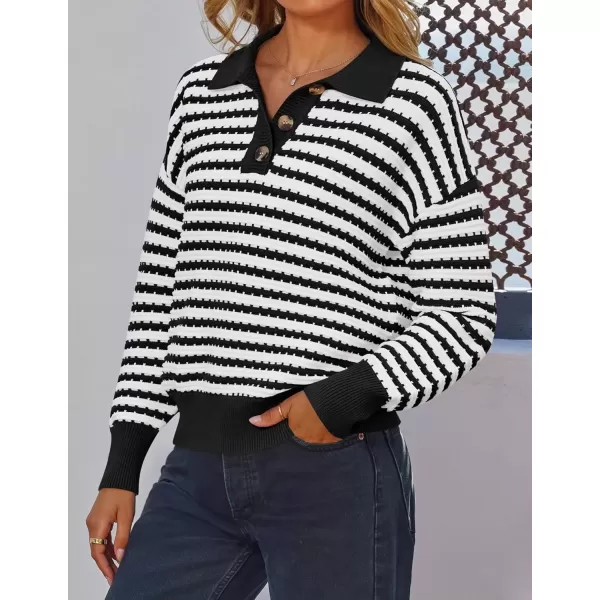 imageZESICA Womens Striped Long Sleeve Sweaters 2024 Fall Casual Lapel V Neck Knit Drop Shoulder Loose Pullover TopsBlack