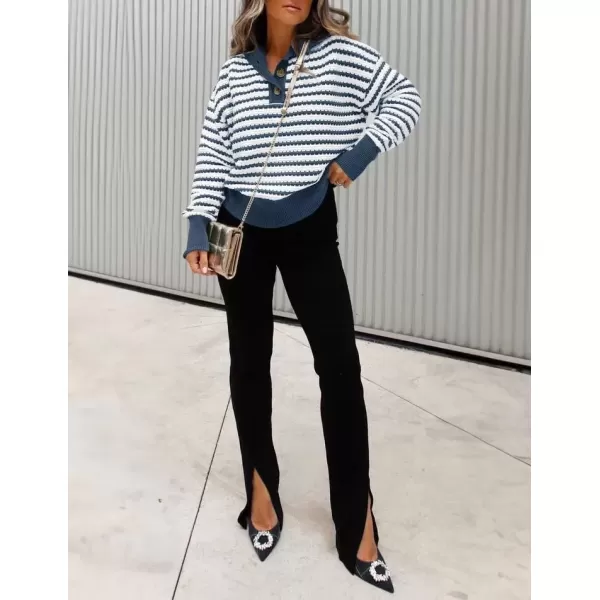 imageZESICA Womens Striped Long Sleeve Sweaters 2024 Fall Casual Lapel V Neck Knit Drop Shoulder Loose Pullover TopsDark Blue