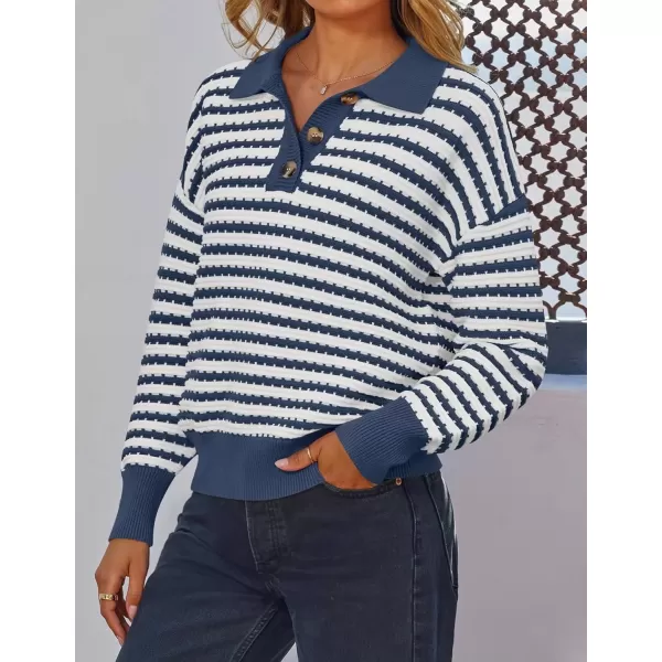 imageZESICA Womens Striped Long Sleeve Sweaters 2024 Fall Casual Lapel V Neck Knit Drop Shoulder Loose Pullover TopsDark Blue