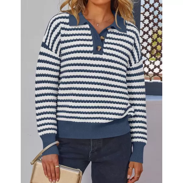 imageZESICA Womens Striped Long Sleeve Sweaters 2024 Fall Casual Lapel V Neck Knit Drop Shoulder Loose Pullover TopsDark Blue