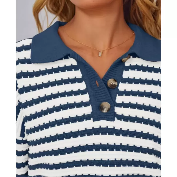 imageZESICA Womens Striped Long Sleeve Sweaters 2024 Fall Casual Lapel V Neck Knit Drop Shoulder Loose Pullover TopsDark Blue