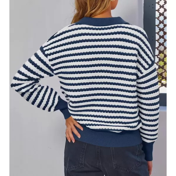 imageZESICA Womens Striped Long Sleeve Sweaters 2024 Fall Casual Lapel V Neck Knit Drop Shoulder Loose Pullover TopsDark Blue