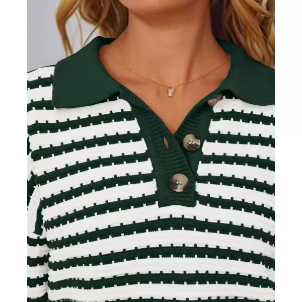 imageZESICA Womens Striped Long Sleeve Sweaters 2024 Fall Casual Lapel V Neck Knit Drop Shoulder Loose Pullover TopsDark Green