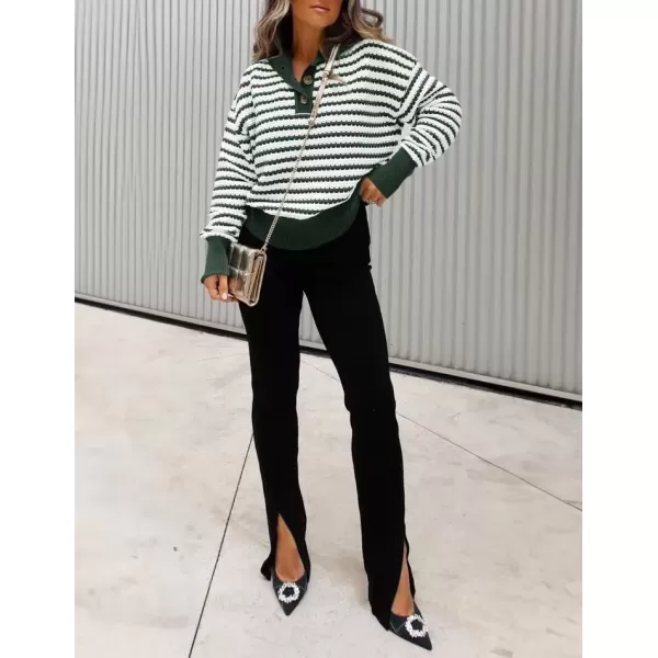 imageZESICA Womens Striped Long Sleeve Sweaters 2024 Fall Casual Lapel V Neck Knit Drop Shoulder Loose Pullover TopsDark Green