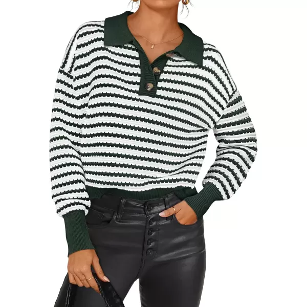 imageZESICA Womens Striped Long Sleeve Sweaters 2024 Fall Casual Lapel V Neck Knit Drop Shoulder Loose Pullover TopsDark Green