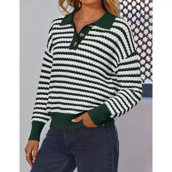 imageZESICA Womens Striped Long Sleeve Sweaters 2024 Fall Casual Lapel V Neck Knit Drop Shoulder Loose Pullover TopsDark Green