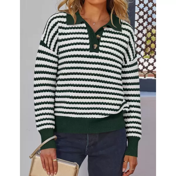 imageZESICA Womens Striped Long Sleeve Sweaters 2024 Fall Casual Lapel V Neck Knit Drop Shoulder Loose Pullover TopsDark Green