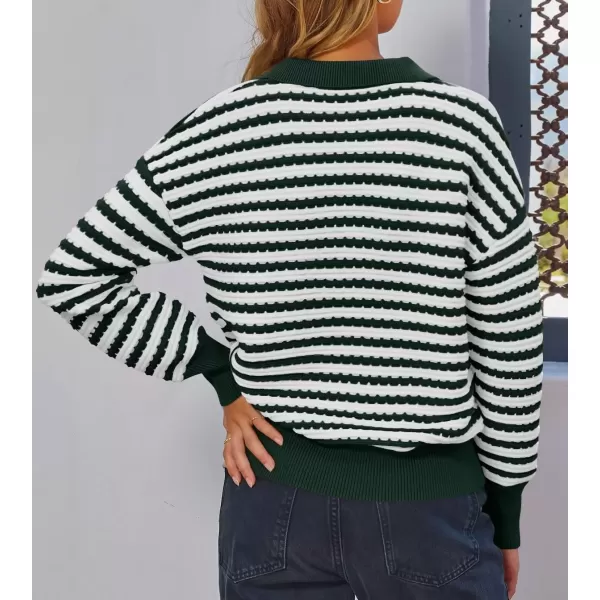imageZESICA Womens Striped Long Sleeve Sweaters 2024 Fall Casual Lapel V Neck Knit Drop Shoulder Loose Pullover TopsDark Green