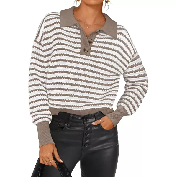imageZESICA Womens Striped Long Sleeve Sweaters 2024 Fall Casual Lapel V Neck Knit Drop Shoulder Loose Pullover TopsKhaki