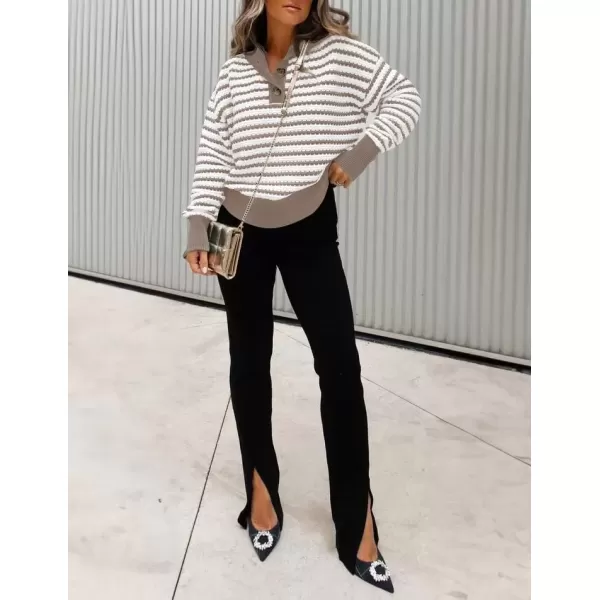 imageZESICA Womens Striped Long Sleeve Sweaters 2024 Fall Casual Lapel V Neck Knit Drop Shoulder Loose Pullover TopsKhaki