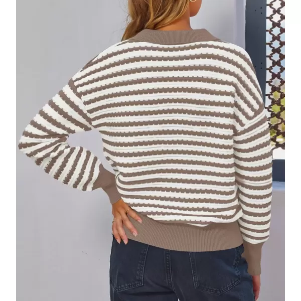 imageZESICA Womens Striped Long Sleeve Sweaters 2024 Fall Casual Lapel V Neck Knit Drop Shoulder Loose Pullover TopsKhaki