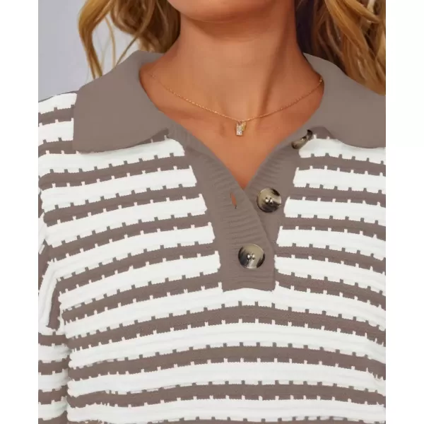 imageZESICA Womens Striped Long Sleeve Sweaters 2024 Fall Casual Lapel V Neck Knit Drop Shoulder Loose Pullover TopsKhaki