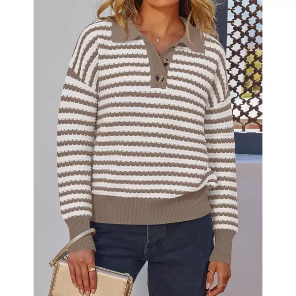 imageZESICA Womens Striped Long Sleeve Sweaters 2024 Fall Casual Lapel V Neck Knit Drop Shoulder Loose Pullover TopsKhaki