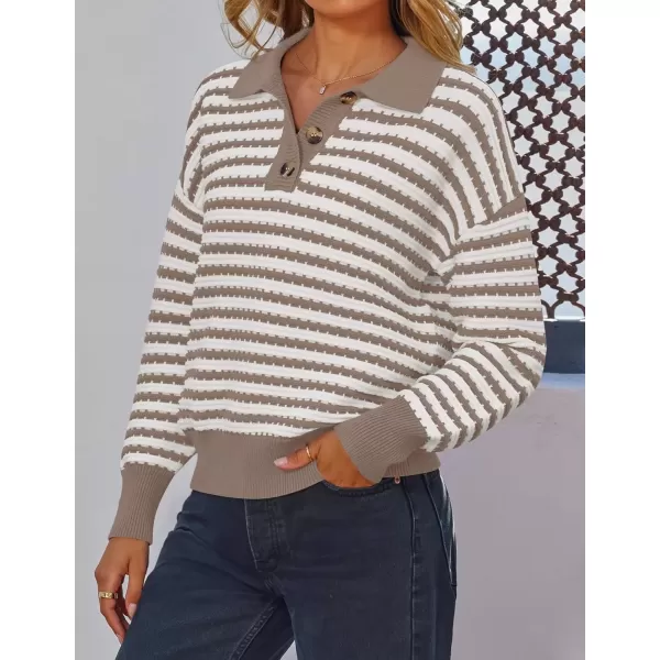 imageZESICA Womens Striped Long Sleeve Sweaters 2024 Fall Casual Lapel V Neck Knit Drop Shoulder Loose Pullover TopsKhaki