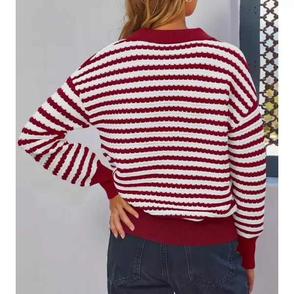 imageZESICA Womens Striped Long Sleeve Sweaters 2024 Fall Casual Lapel V Neck Knit Drop Shoulder Loose Pullover TopsRed