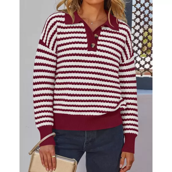 imageZESICA Womens Striped Long Sleeve Sweaters 2024 Fall Casual Lapel V Neck Knit Drop Shoulder Loose Pullover TopsRed