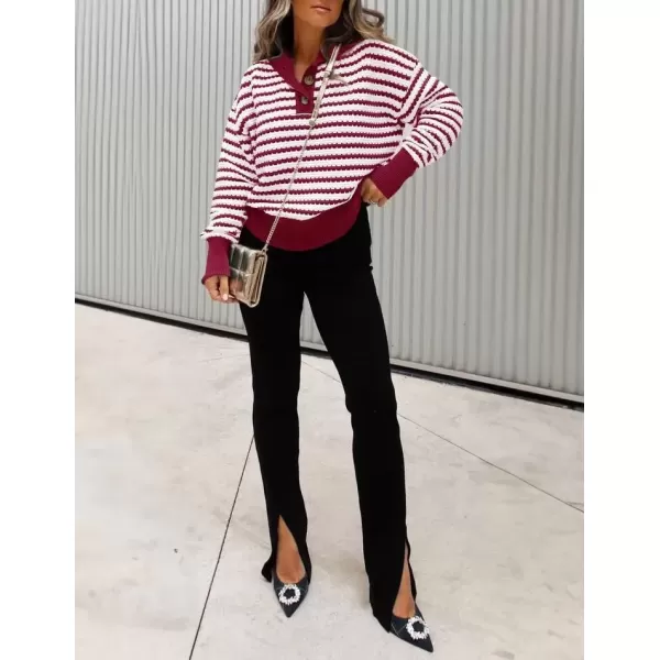 imageZESICA Womens Striped Long Sleeve Sweaters 2024 Fall Casual Lapel V Neck Knit Drop Shoulder Loose Pullover TopsRed