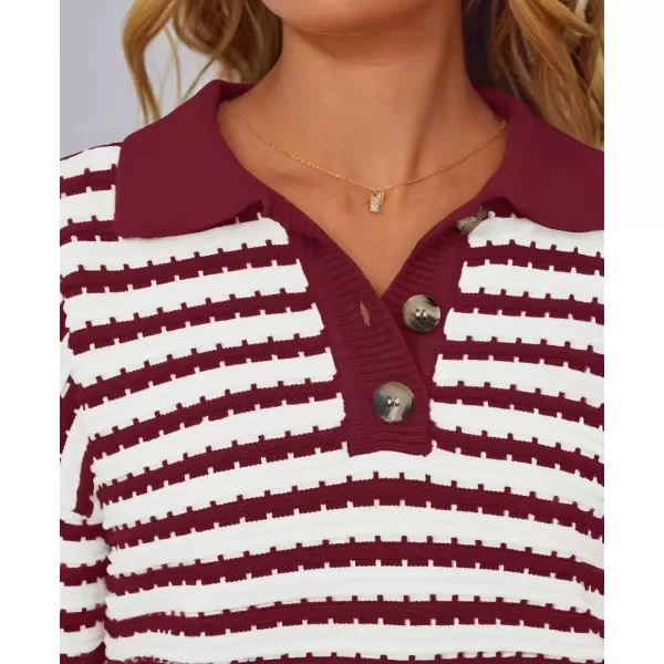 imageZESICA Womens Striped Long Sleeve Sweaters 2024 Fall Casual Lapel V Neck Knit Drop Shoulder Loose Pullover TopsRed