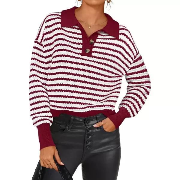 imageZESICA Womens Striped Long Sleeve Sweaters 2024 Fall Casual Lapel V Neck Knit Drop Shoulder Loose Pullover TopsRed