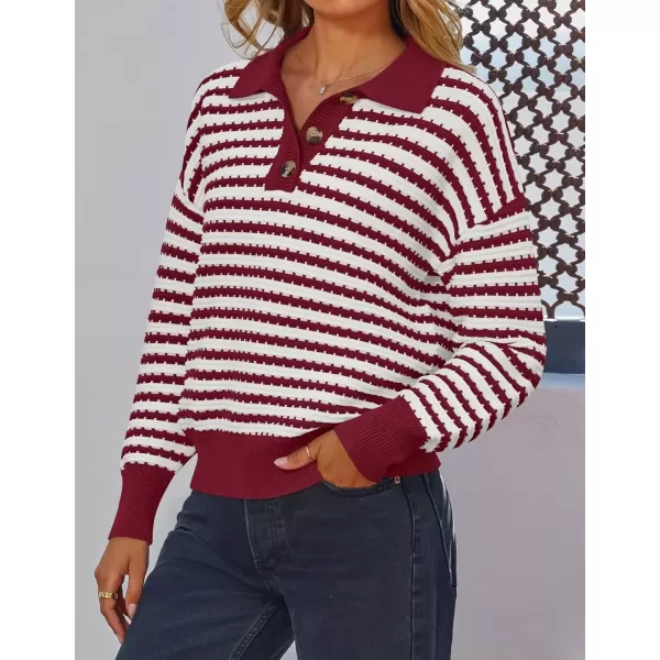 imageZESICA Womens Striped Long Sleeve Sweaters 2024 Fall Casual Lapel V Neck Knit Drop Shoulder Loose Pullover TopsRed