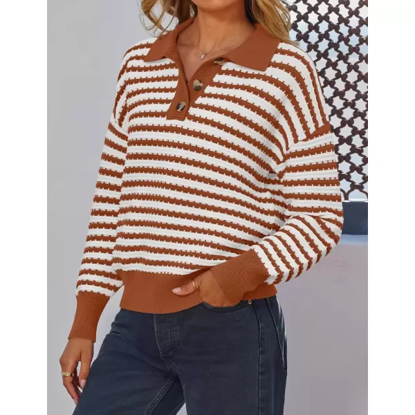 imageZESICA Womens Striped Long Sleeve Sweaters 2024 Fall Casual Lapel V Neck Knit Drop Shoulder Loose Pullover TopsRust