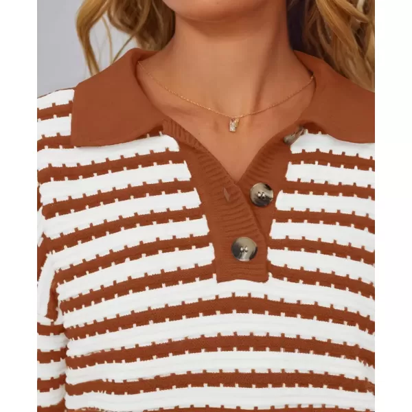 imageZESICA Womens Striped Long Sleeve Sweaters 2024 Fall Casual Lapel V Neck Knit Drop Shoulder Loose Pullover TopsRust