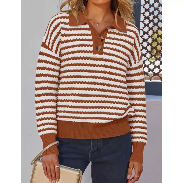 imageZESICA Womens Striped Long Sleeve Sweaters 2024 Fall Casual Lapel V Neck Knit Drop Shoulder Loose Pullover TopsRust