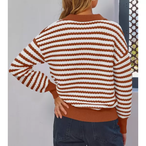 imageZESICA Womens Striped Long Sleeve Sweaters 2024 Fall Casual Lapel V Neck Knit Drop Shoulder Loose Pullover TopsRust