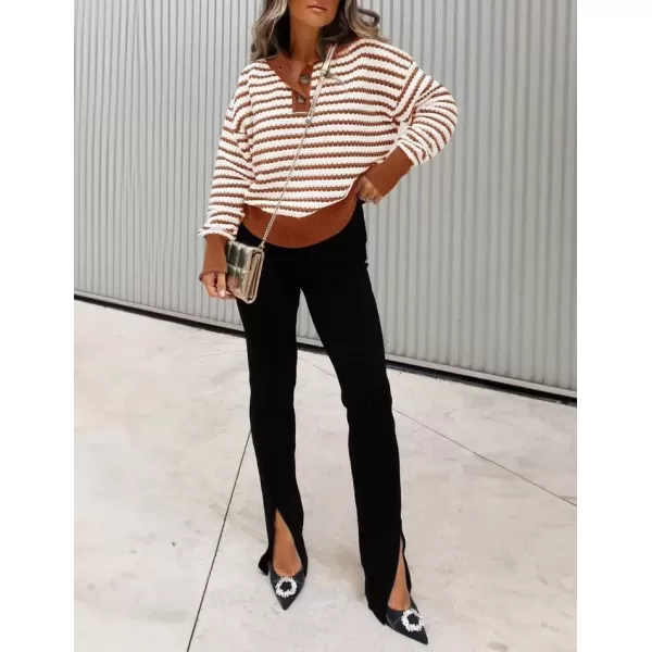 imageZESICA Womens Striped Long Sleeve Sweaters 2024 Fall Casual Lapel V Neck Knit Drop Shoulder Loose Pullover TopsRust