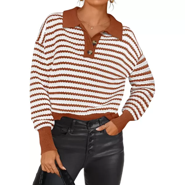 imageZESICA Womens Striped Long Sleeve Sweaters 2024 Fall Casual Lapel V Neck Knit Drop Shoulder Loose Pullover TopsRust