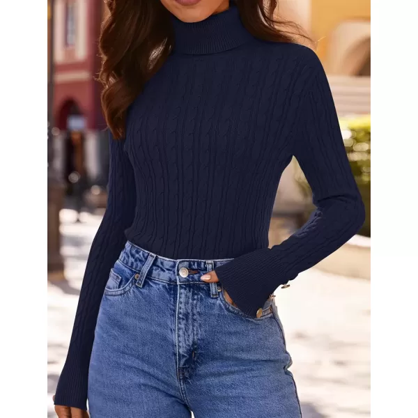 imageZESICA Womens Turtleneck Cable Knit 2024 Fall Winter Long Sleeve Pullover SweatersNavy