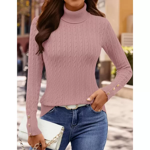 imageZESICA Womens Turtleneck Cable Knit 2024 Fall Winter Long Sleeve Pullover SweatersPink