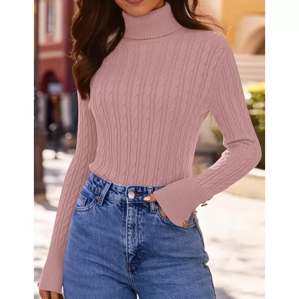 imageZESICA Womens Turtleneck Cable Knit 2024 Fall Winter Long Sleeve Pullover SweatersPink