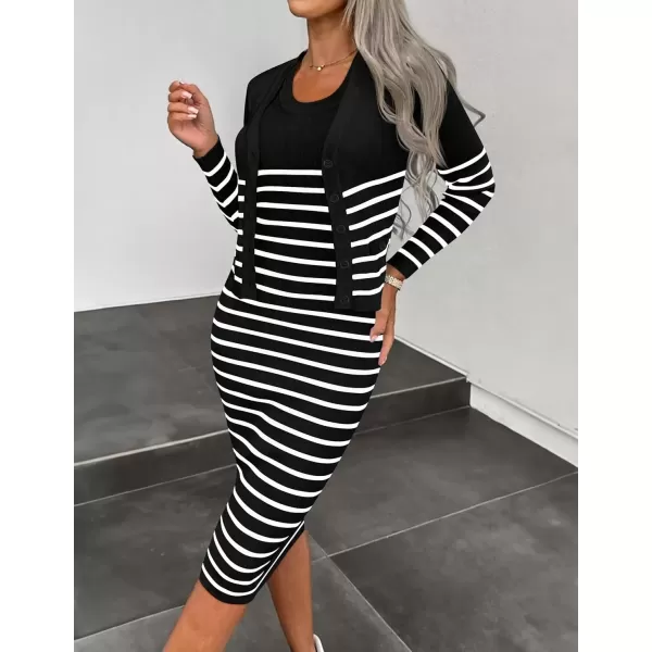imageZESICA Womens Two Piece Outfits Bodycon Sweater Dress Long Sleeve Cropped Cardigan Striped Fall Knit SetsBlack