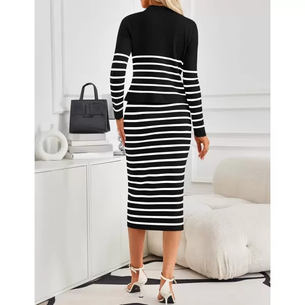 imageZESICA Womens Two Piece Outfits Bodycon Sweater Dress Long Sleeve Cropped Cardigan Striped Fall Knit SetsBlack
