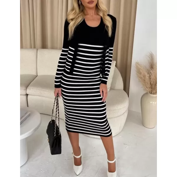 imageZESICA Womens Two Piece Outfits Bodycon Sweater Dress Long Sleeve Cropped Cardigan Striped Fall Knit SetsBlack
