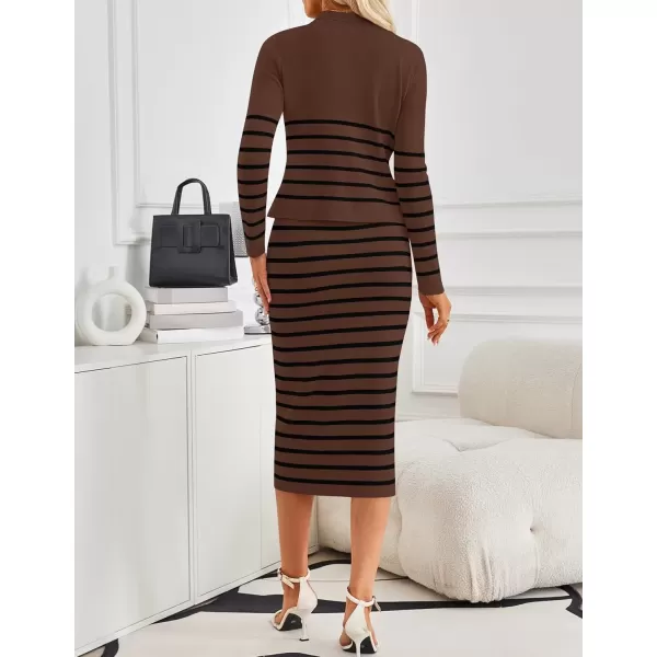 imageZESICA Womens Two Piece Outfits Bodycon Sweater Dress Long Sleeve Cropped Cardigan Striped Fall Knit SetsCoffee
