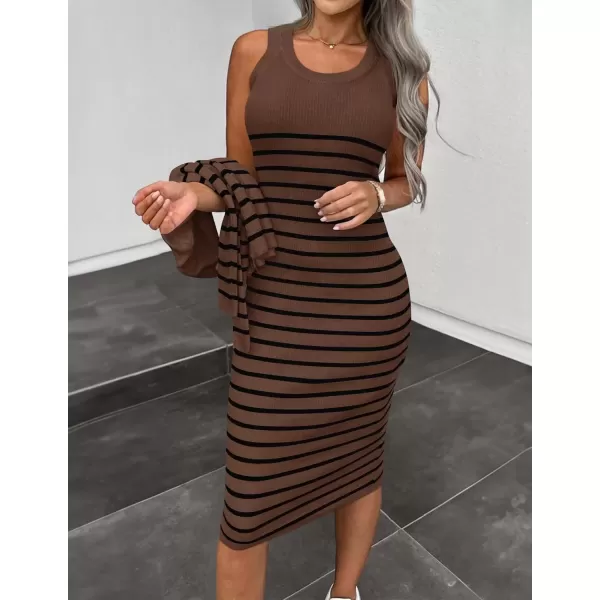 imageZESICA Womens Two Piece Outfits Bodycon Sweater Dress Long Sleeve Cropped Cardigan Striped Fall Knit SetsCoffee